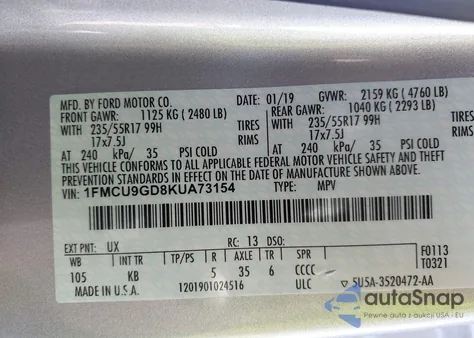 2019 Ford Escape Se from USA, damaged, VIN 1FMCU9GD8KUA73154